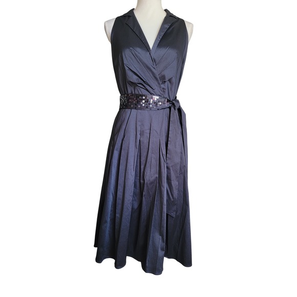 Anne Klein Dresses & Skirts - Anne Klein Black Belted Beaded Sleeveless Pleated V-Neck A-Line Midi Dress Sze 8